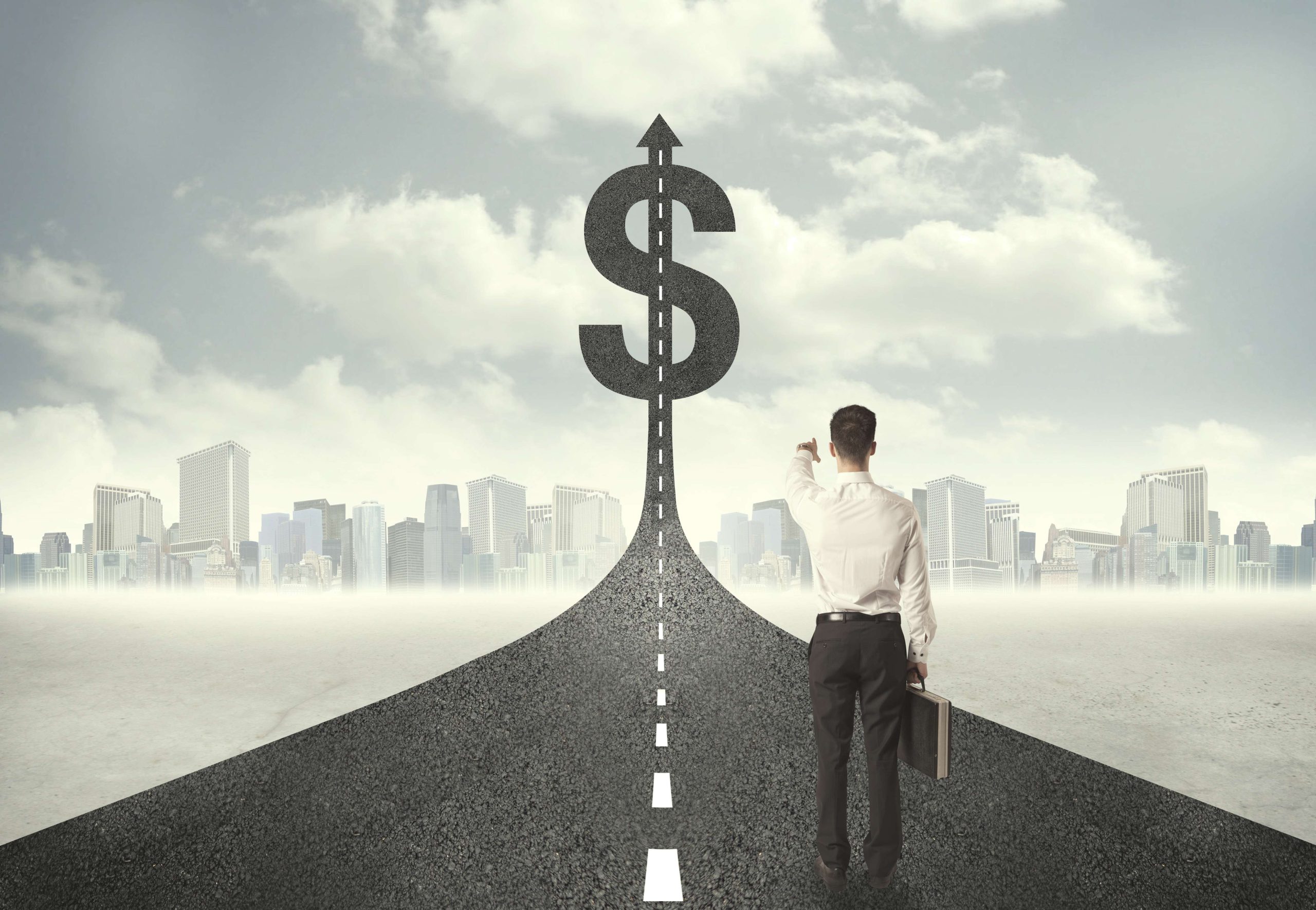 Business man on road heading toward a dollar sign