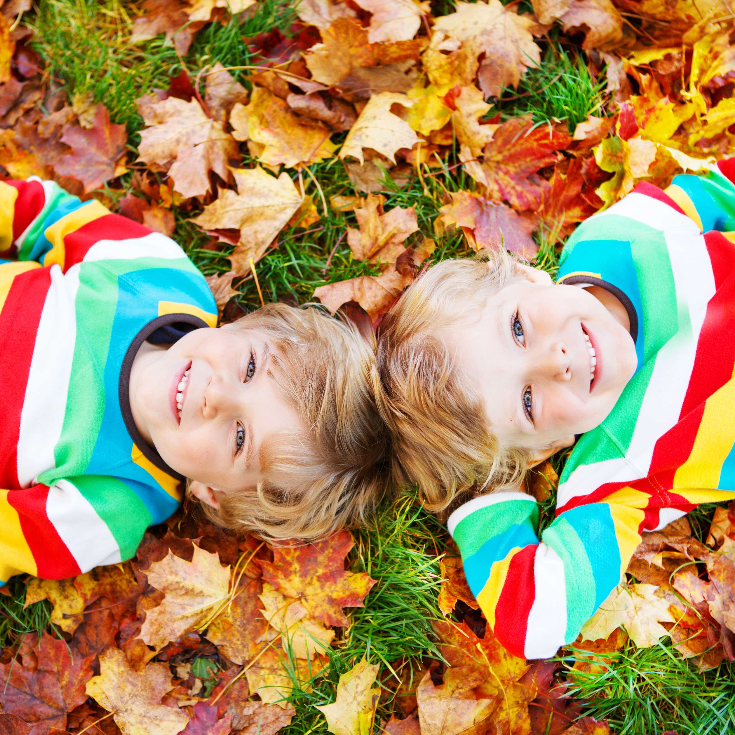 Two little kid boys laying in autumn leaves in colorful clothing