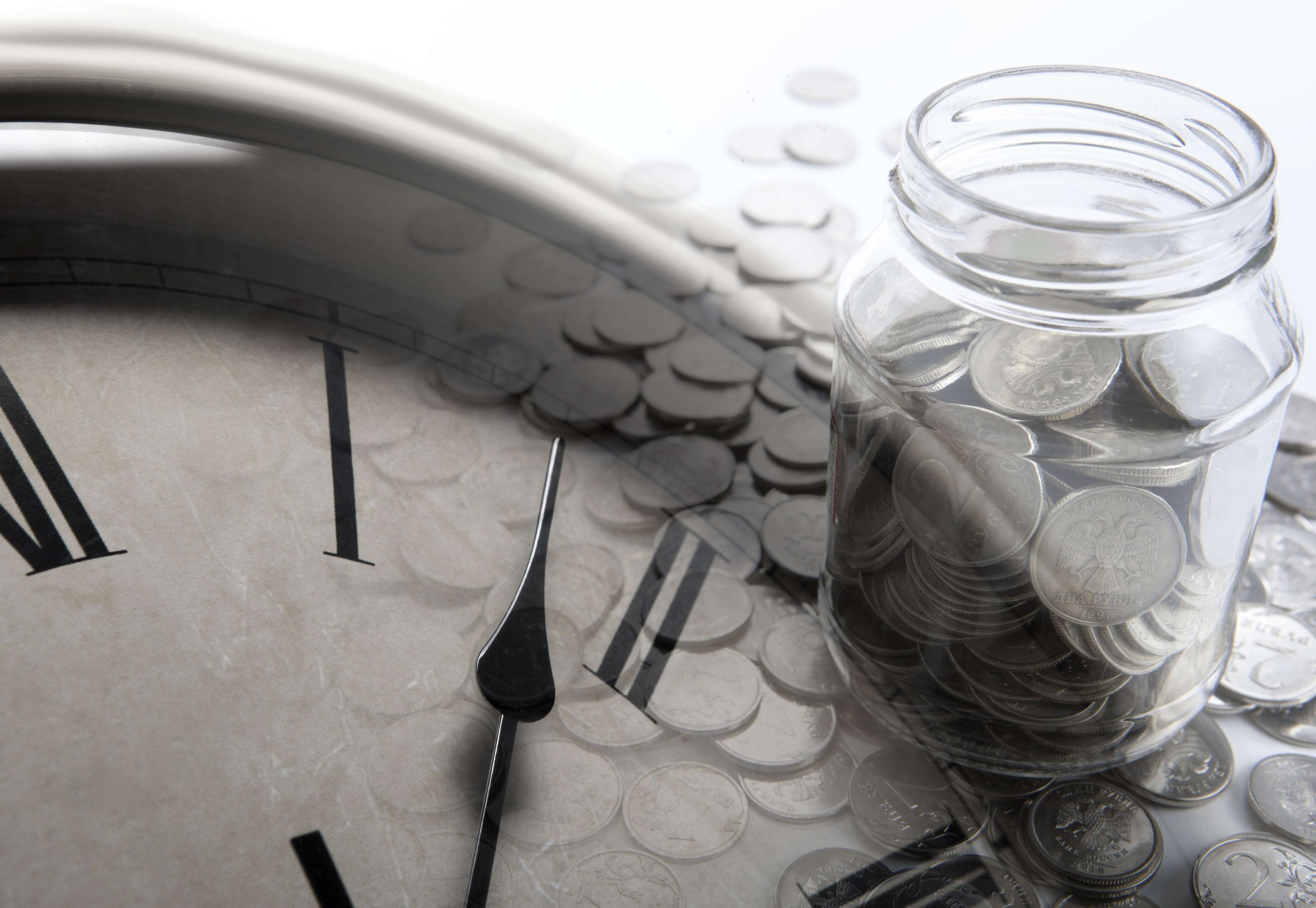 bank of coins with digits and clock face